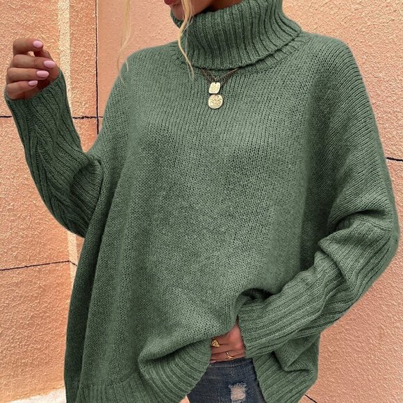 Mint Green Casual womens High Neck Batwing Sleeve Sweater - Picture 2 of 5